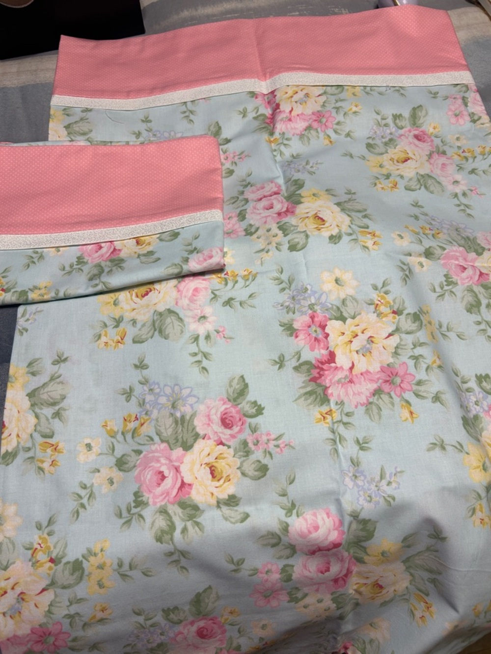 Floral Pastel Pillowcase Set with Pink Trim, homemade all sewn with no stitches